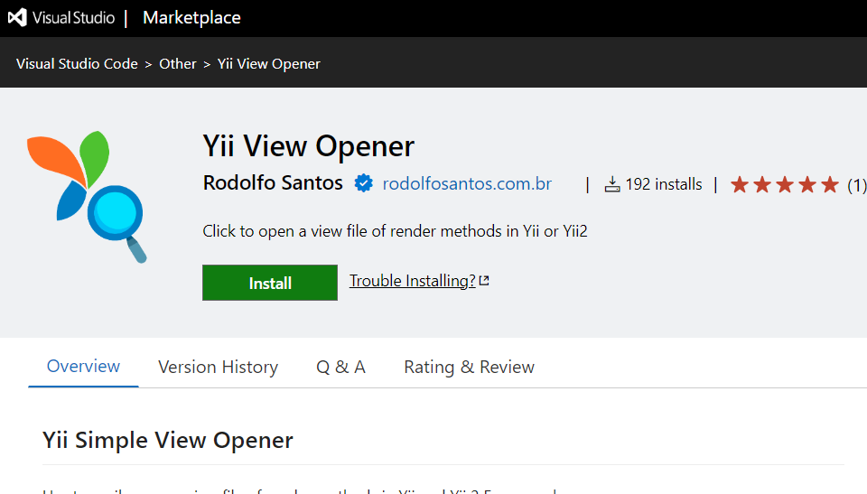 Captura de tela da extensão Yii View Opener na loja de extensões do VSCode